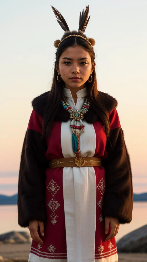 photo of an inuit woman, young, 25 years old, beautiful, wearing stone age clothing made from natural fabrics like linen, cotton, or furs, adorned with feathers, beads and shells