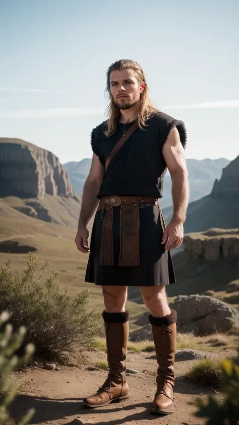 raw photo, fierce Viking man, portrait, fashion photography, embodying bravery and resilience in a rugged landscape, (random background), depth of field