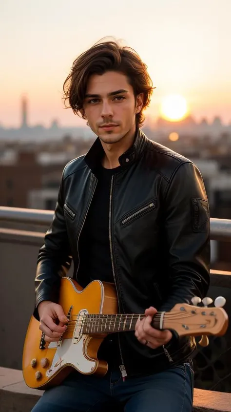 raw photo, fashion photography of cute photo, (1 gorgeuos italian man), in high detailed leather black jacket and jeans, short hair, photogenic, playing guitar, fender stratocaster, New York city, ultra high details, dawn, bokeh background, perfect sunset, (sunset beautiful background:1.3), (random background), depth of field, morbid