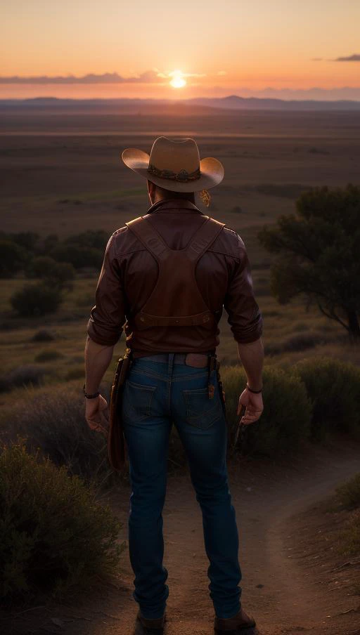 a lone cowboy on sunset, last stand, cinematic, depth of field