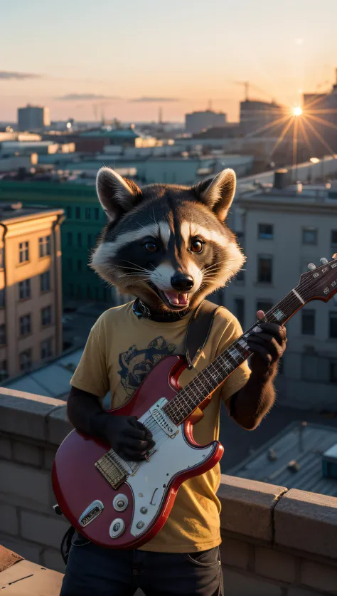 An anthropomorphic punk-raccoon is seen playing an Eddie Van Halen red guitar high atop the rooftops of Saint Petersburg, sunset, golden hour lighting