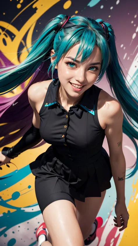 (masterpiece, best quality, highres:1.2), (photorealistic:1.2), (Realistic skin texture:1.4), (film grain:1.3), (detailed light:1.2), (dynamic angle), raw photo, (Hatsune Miku), skinny, blue hair, in high detailed sailor suit, sleeveless top, a short black skirt, smile, (dynamic pose), moonlight passing through hair, (abstract colorful art background:1.3), (sharp), exposure blend, bokeh, (hdr:1.4), high contrast, (muted colors, dim colors, soothing tones:1.3), low saturation, morbid