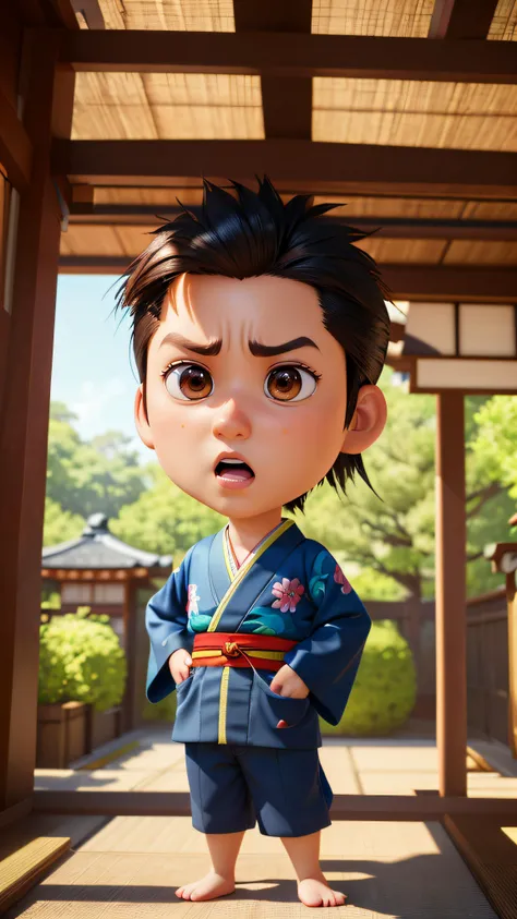 (masterpiece, best quality, highres:1.2), ((Pixar 3D Style)), (colorful), cute chibi cartoon, (angry face), samurai, man, chonmage hair, kimono clothes, japanese house background, beautiful eyes, brown eyes, light in eyes, ((3D Pixar style)), full body Pixar-style, Character Design, CGI, 8k