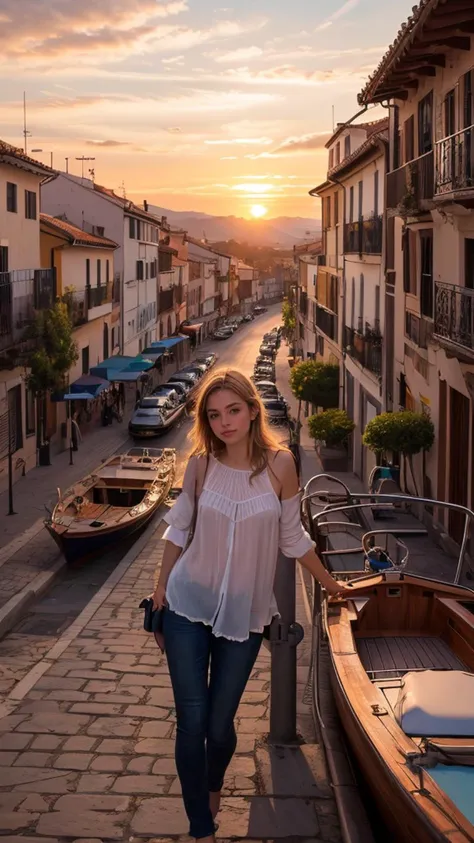 (masterpiece drawning, high quality), (solo:1.1), a digital art of a spanish girl, epic Sunrise, boat port, (soft lighting), Porta 160 color, shot on Leica T, sharp focus on subject, shot by Candida Höfer, Extreme detail, , (vibrant color), (random background), depth of field