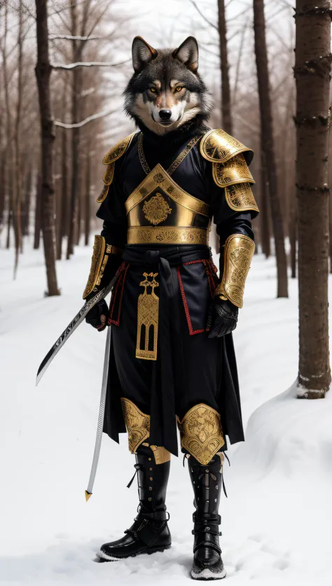 A samurai wolf with glowing bloodshot eyes, wearing shiny satin black and silver metal armor, intricate ornate weaved gold filiegree. In a snowy forest. full body