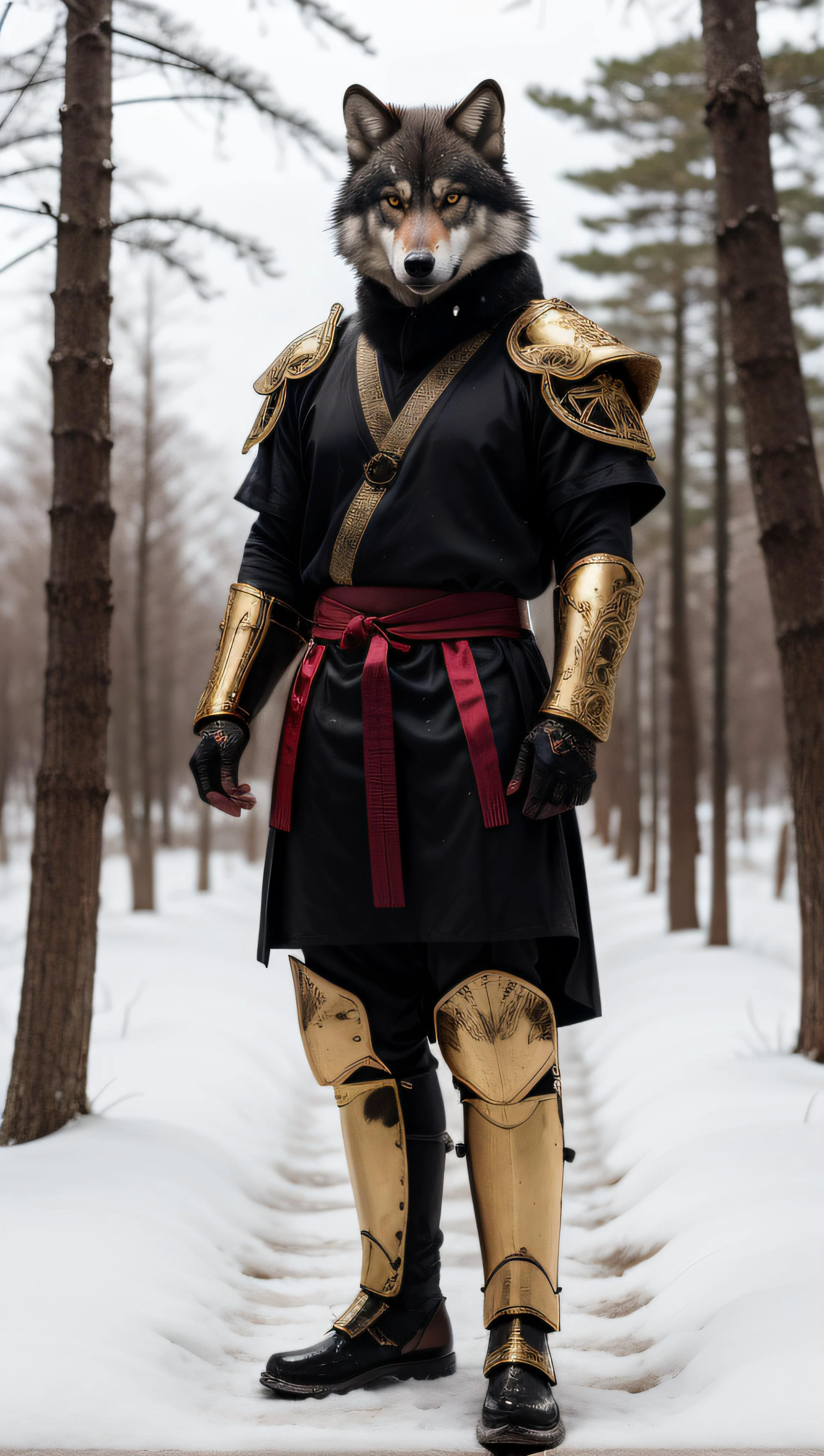 A samurai wolf with glowing bloodshot eyes, wearing shiny satin black and silver metal armor, intricate ornate weaved gold filiegree. In a snowy forest. full body