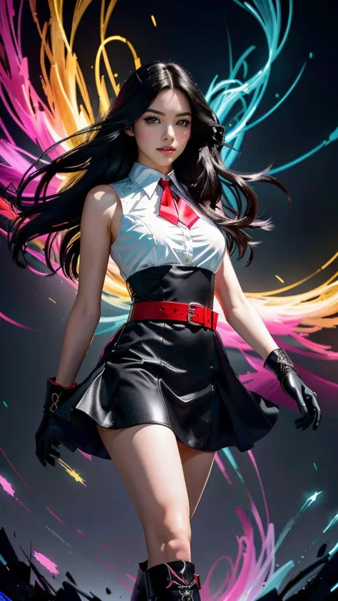 (masterpiece, best quality, highres:1.2), (photorealistic:1.2), (intricate and beautiful:1.2), (detailed light:1.2), (colorful, dynamic angle), upper body shot, fashion photography of cute, (Akame ga Kill!), perfect long black hair, red eyes, black dress, sleeveless, detailed white collar, black skirt, red belt around her waist, red and black gloves, long red tie, black socks, boots, (highres textures), dynamic pose, moonsoft light passing through hair, (abstract colorful art background:1.3), (official art), (sharp), exposure blend, bokeh, (hdr:1.4), high contrast, (cinematic), (muted colors, dim colors, soothing tones:1.3)
