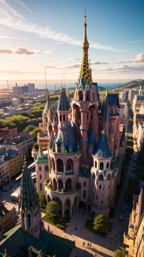 (masterpiece, best quality, highres:1.2), (photorealistic:1.2), (detailed light:1.2), (detailed metal:1.2), (from above), very beautiful cathedral by (Antoni Gaudí), insanely detailed, seascape, spring, beautiful mountains, bright dark yellow ornate sun, Very Complex, perfect elegant composition! epic Dramatic lighting! Razor-sharp quality, insanely detailed, deep colors,