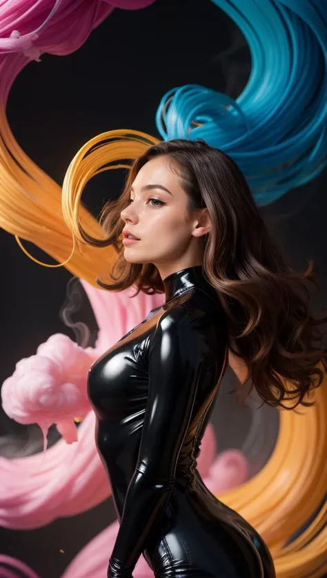 1girl, upper body, psychedelic, latex bodysuit, from side, wavy hair, splashing, abstract, colored smoke background