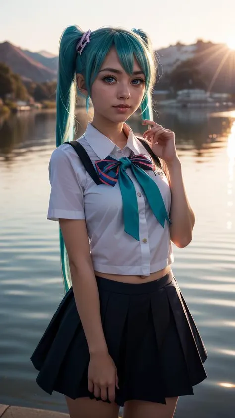 raw photo, fashion photography of cute (Hatsune Miku), very long turquoise pigtails and a school uniform-like outfit. She has teal eyes and very long pigtails held with black and red square-shaped ribbons that have become a signature of her design, sunset light passing through hair, (silver lake background:1.3), (random background), depth of field