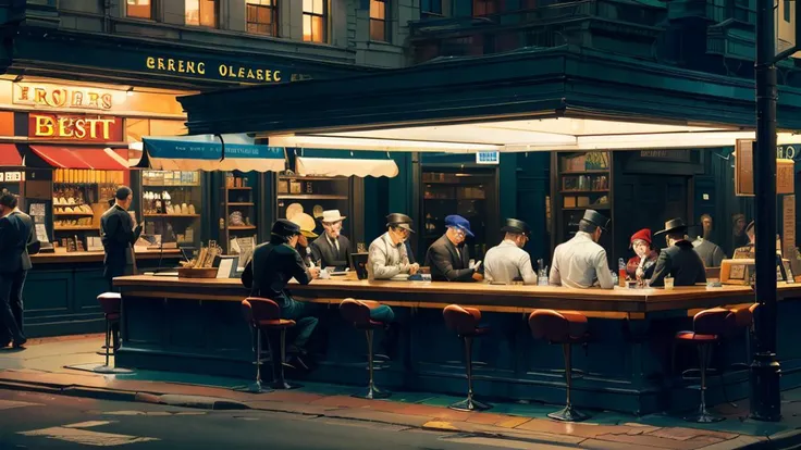 (masterpiece, best quality, highres:1.2), (painting:1.2), (detailed:1.2), (Nighthawks by Edward Hopper), (realistic scene:1.2), (sharp)
