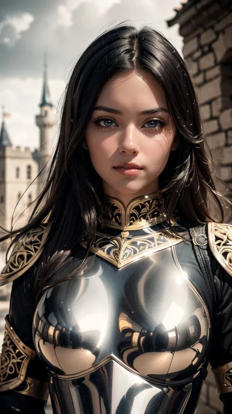 (masterpiece, best quality, highres:1.2), (photorealistic:1.2), (film grain:1.3), (morbid light:1.2), (dynamic angle), raw photo, (cute portrait of a girl), perfect bobbed black hair, in high detailed medieval gold armor, metal gold reflections, high detailed chainmail, upper body, outdoors, professional photograph, award winning photography, (ultra-detailed body), (light smile:0.8), (dynamic pose), softlight passing through hair, (far away castle background), (sharp focus), exposure blend, bokeh, dim light, (hdr:1.4), high contrast, (muted colors, dim colors, soothing tones:1.3), (extremely intricate:1.3), low saturation, morbid