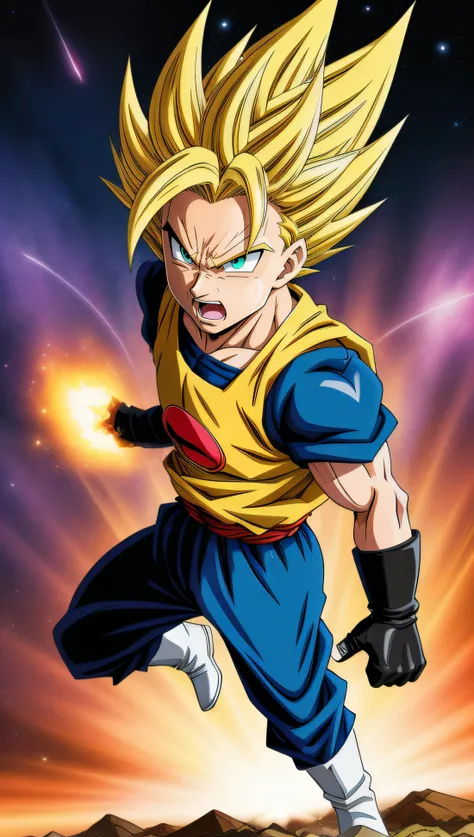 ((Anime Style)), (2D), ((Cartoon)), (Akira Toriyama Style), 1 super saiyan, surrounded by powerful aura and energy, green eyes, solo, male focus, looking at viewer, blonde spiked hair, armor, white gloves, rage screaming, powerful aura, cosmic background, (perfectly-draw)