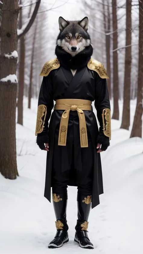 A samurai wolf with glowing bloodshot eyes, wearing shiny satin black and silver metal armor, intricate ornate weaved gold filiegree. In a snowy forest. full body