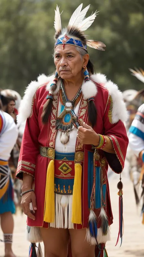 A Native American tribal elder, adorned with traditional regalia and feathers, standing amidst a powwow, with a weathered yet wise expression