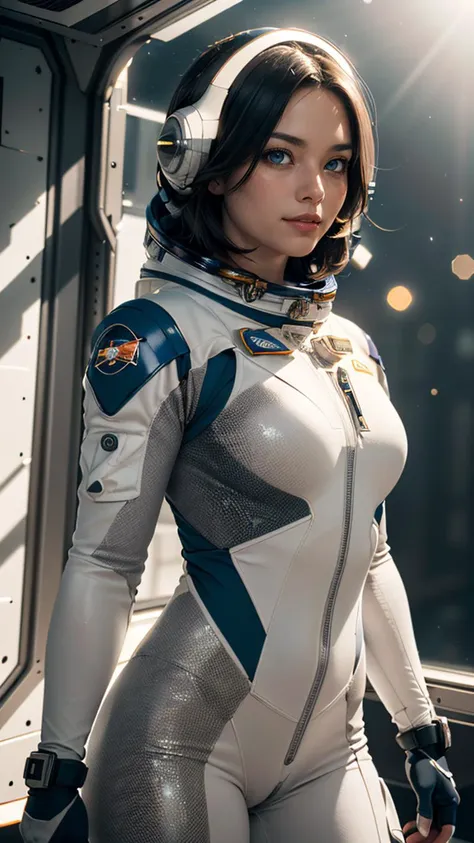 (masterpiece, best quality, highres:1.2), (photorealistic:1.2), (Realistic skin texture:1.4), (film grain:1.3), (detailed light:1.2), (dynamic angle), raw photo, (cute astronaut girl), skinny, floating hair, iridicent hair, high detailed spacesuit texture, (textured clothing), smile, (dynamic pose), softlight passing through hair, (serene space background), (sharp), exposure blend, bokeh, (hdr:1.4), high contrast, (muted colors, dim colors, soothing tones:1.3), low saturation, morbid