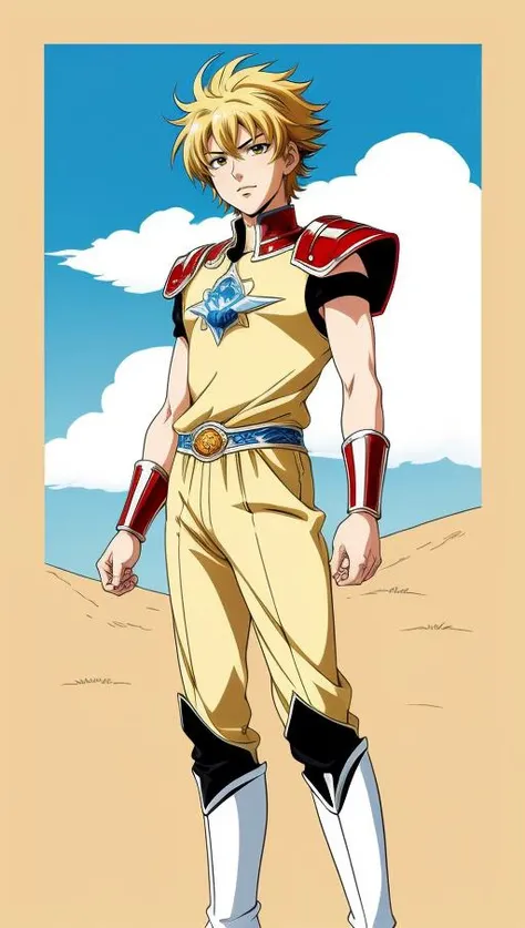 (Anime Style), (cartoon), (Saint Seiya), 1boy, solo, looking at viewer, male focus, blue sky, cloud, colorful, (Shingo Araki Design)