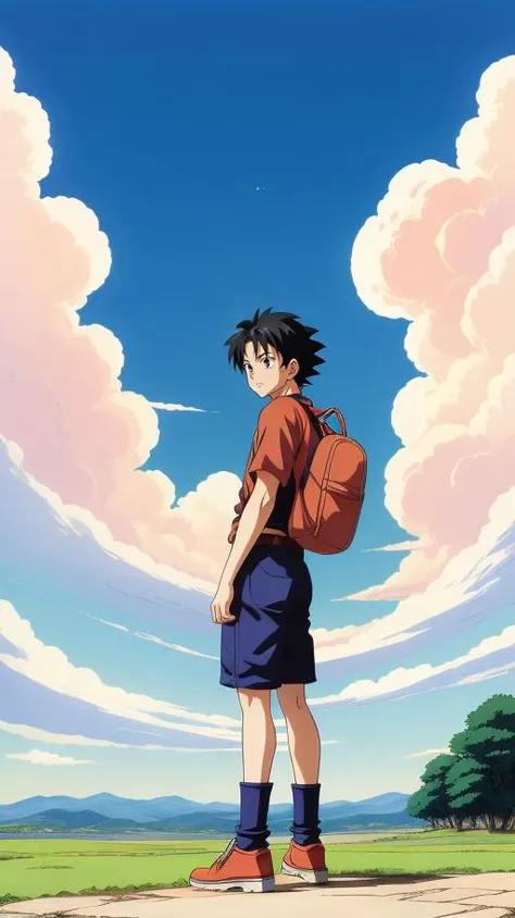 (Anime Style), (cartoon), (Akira Toriyama Style), 1boy, solo, looking at viewer, male focus, blue sky, cloud