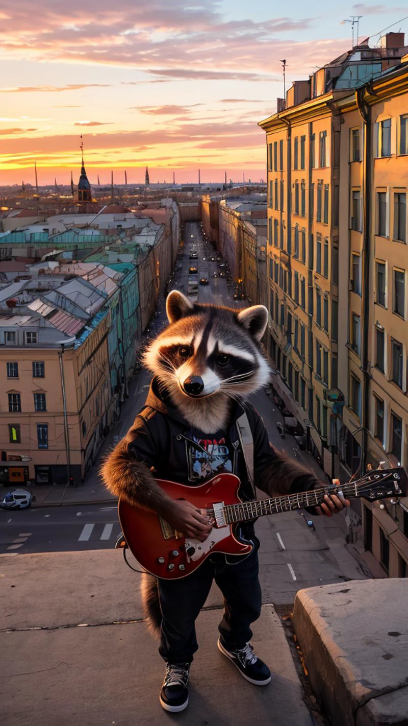 An anthropomorphic punk-raccoon is seen playing an Eddie Van Halen red guitar high atop the rooftops of Saint Petersburg, sunset, golden hour lighting