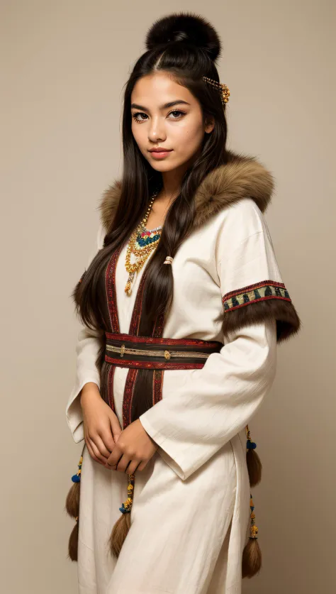 photo of an inuit woman, young, 25 years old, beautiful, wearing stone age clothing made from natural fabrics like linen, cotton, or furs, adorned with feathers, beads and shells