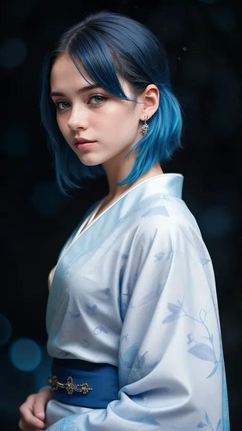 raw photo, fashion photography of cute (young cute girl), floating blue hair, long hair, (water:0.7), waterdrop, wet, high detailed blue kimono texture, intricate pattern, ultra detailed, (textured clothing), softlight passing through hair, (monochromatic bokeh background), (random background), depth of field, morbid, (random background), depth of field