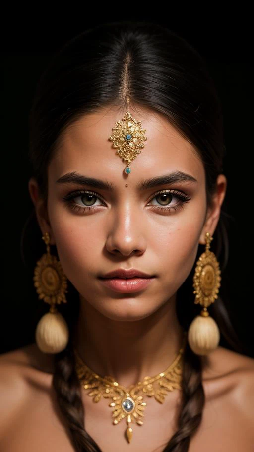 A medium 40mm glamour portrait of a tribal woman, (detailed facial features:0.2), high quality, professional photo, 28mm, (intricate detail), ((incredibly detailed skin:0.38)), Surreal Harmony, cinematic, lighting, 8K, HDR10, analog