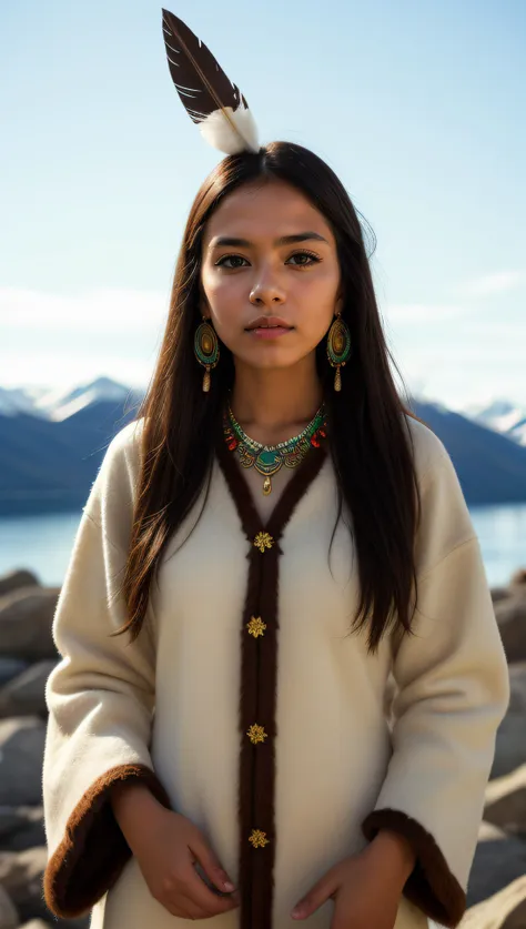 photo of an inuit woman, young, 25 years old, beautiful, wearing stone age clothing made from natural fabrics like linen, cotton, or furs, adorned with feathers, beads and shells