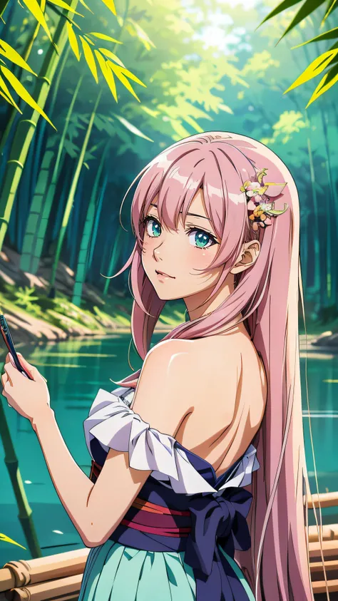 (#2D Anime Style),masterpiece, best quality, official art, 8k wallpaper, highly detailed, ((anime illustration)), 1 girl, Azure hair, long hair, detailed eyes, forest, bare shoulders, hanfu, lakes, pure, soft smile, bamboo, Tea