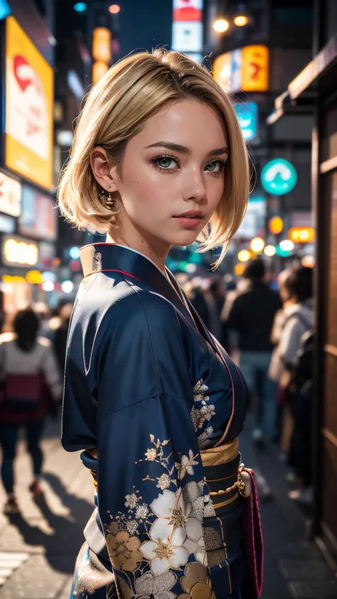 (masterpiece, best quality, highres:1.2), (photorealistic:1.2), (intricate and beautiful:1.2), (detailed light:1.2), (colorful, dynamic angle), upper body shot, fashion photography of a cute young European girl with iridiscent blonde hair, flirting with POV, in traditional japanese gold&black kimono, ultra detailed kimono textures, Tokyo, fireworks, soft light passing through hair, (official art), (sharp), exposure blend, bokeh, (hdr:1.4), high contrast, (cinematic), (muted colors, dim colors, soothing tones:1.3)