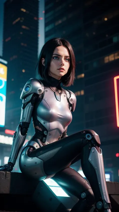 raw photo, fashion photography of cute (Battle Angel Alita), mechanical arms, detailed cyborg body, glowing body parts, sitting, perfect bobbed black hair, softlight passing through hair, (distopian futuristic city beautiful background:1.3), (light:1.2), (random background), depth of field, morbid, (random background), depth of field, morbid, dark mood, dystopia