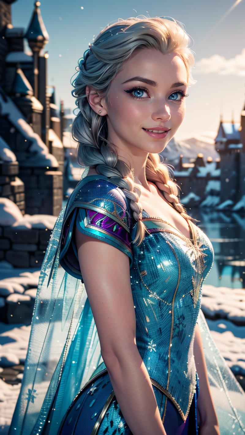 A woman in a blue dress standing in front of a castle - SeaArt AI