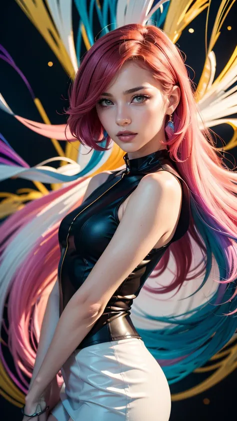 (Masterpiece:1.3] , [Best quality:1.2] (Realistic:1.3) , [Highly detailed] , offcial art, large-scale masterpiece Digital art , Detailed caricature illustration , finely detailed , A high resolution , stunning art , illustration] , (Splash background:1.5) , Simple background outline , concept-art , 1girll , (multicolour hair:1.3) , ahoge , Rainbow hair , Short hair ,Green hair , Yellow hair , White hair , Red hair, Orange hair , Blue hair , Purple hair , whiteskirt , Upper body , parted lip , (White background) , Masterpiece , Best quality ,Tights , Black skirt , standing , cropped shoulders