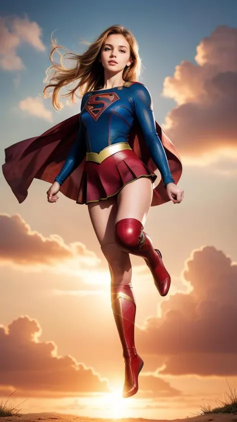 raw photo, (Supergirl), fashion photography of cute blonde long hair girl (Supergirl), dressing high detailed Supergirl suit, (high resolution textures), in dynamic pose, (random background), depth of field, detailed, sunset light passing through hair, perfect sunset