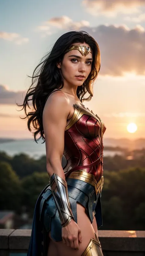 raw photo, (Wonder Woman), fashion photography of cute black long hair girl (Wonder Woman), dressing high detailed Wonder Woman suit, (high resolution textures), in dynamic pose, (random background), depth of field, detailed, sunset light passing through hair, perfect sunset