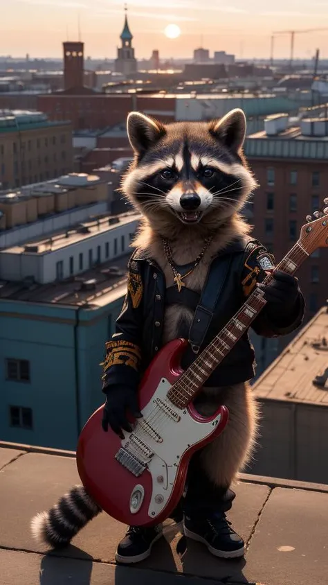 An anthropomorphic punk-raccoon is seen playing an Eddie Van Halen red guitar high atop the rooftops of Saint Petersburg, sunset, golden hour lighting