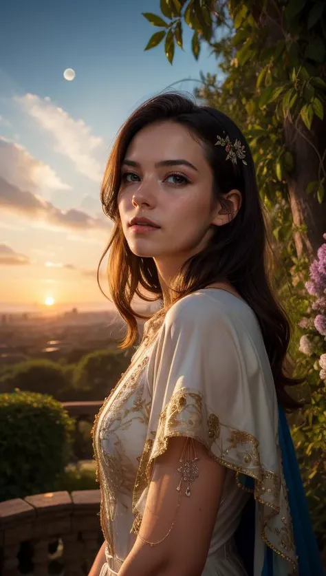 raw photo, fashion photography of cute Alone, (pretty explorer space traveler delicate girl portrait in long detailed and intricated cape, mystical maze garden), view from above, long hair, flowers, dnd character, insanely detailed, 8k, Poster, intricate, beksinski, production cinematic character render, artstation trends, sharp focus, studio photo, realism, expert, intricate, insanely detailed, 4k resolution, sunset, by Drew Struzan, Artgerm, WLOP, moon, rutkowski, loish, rhads, rossdraws, highly detailed, walk on camera, (water), mesmerizing scenery from another world, kingdom, (random background), depth of field