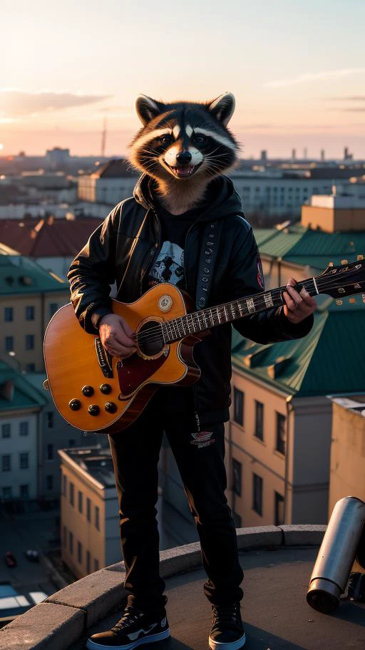 An anthropomorphic punk-raccoon is seen playing an Eddie Van Halen red guitar high atop the rooftops of Saint Petersburg, sunset, golden hour lighting