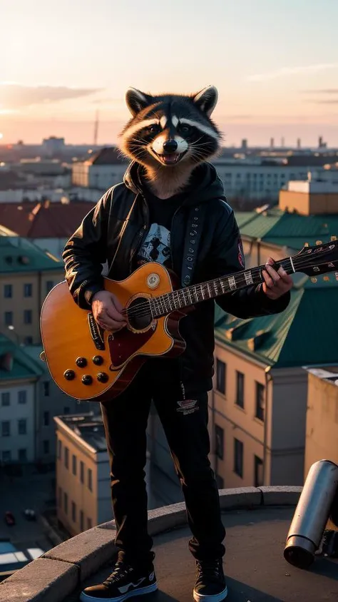 An anthropomorphic punk-raccoon is seen playing an Eddie Van Halen red guitar high atop the rooftops of Saint Petersburg, sunset, golden hour lighting