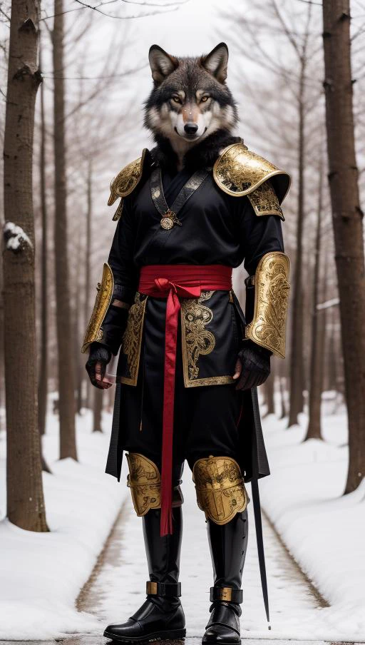 A samurai wolf with glowing bloodshot eyes, wearing shiny satin black and silver metal armor, intricate ornate weaved gold filiegree. In a snowy forest. full body