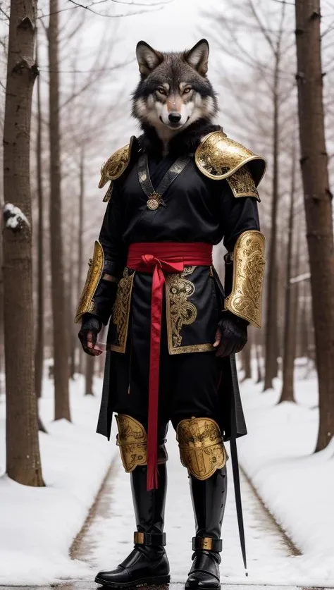 A samurai wolf with glowing bloodshot eyes, wearing shiny satin black and silver metal armor, intricate ornate weaved gold filiegree. In a snowy forest. full body