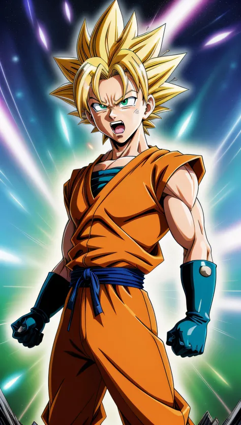 ((Anime Style)), (2D), ((Cartoon)), (Akira Toriyama Style), 1 super saiyan, surrounded by powerful aura and energy, green eyes, solo, male focus, looking at viewer, Light Blue spiked hair, armor, white gloves, rage screaming, powerful aura, cosmic background, (perfectly-draw)