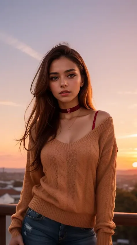 ****ung cute iranian girl, very slim, skinny, redhead, rouge, red neck lace choker, cateyes makeup, colorful, oversize knit jumper, softcore, warm lighting, cosy atmosphere, Instagram style, red theme, upper body shot,(cinematic, black and red:0.85), (sunset beautiful background:1.3), sharp, dim colors