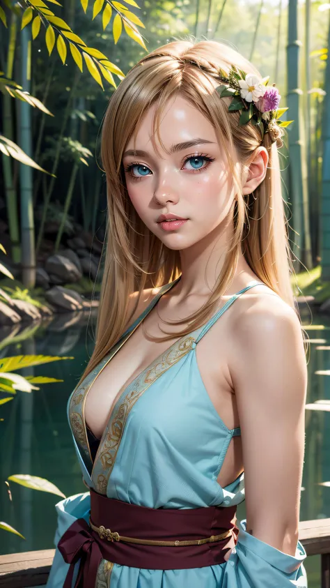(#2D Anime Style),masterpiece, best quality, official art, 8k wallpaper, highly detailed, ((anime illustration)), 1 girl, Azure hair, long hair, detailed eyes, forest, bare shoulders, hanfu, lakes, pure, soft smile, bamboo, Tea
