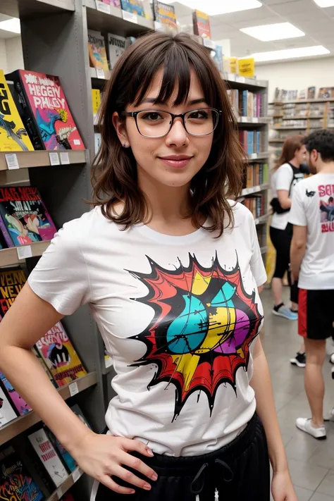 RAW photo, candid ((body positivity)), [Nerdy girl|(tomboy)], [Dorky|(Tough)], agressive, (abstract graphic t-shirt, braless), sweatpants, comic book shop, looking at viewer, leaning close, dark, mobile phone camera