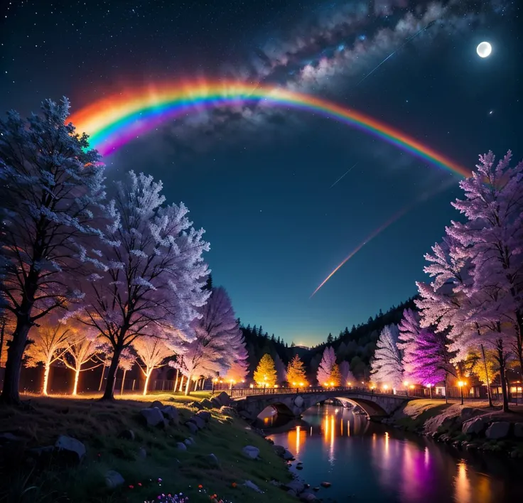 crystalized glowing rainbow neon flowers, valley in the night, sky, crystal moon, forest