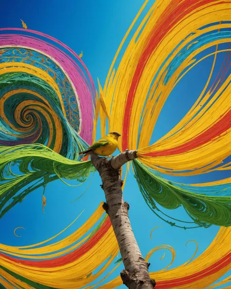 a canvas filled with swirling patterns of colors and shapes fills the frame, ranging from bright yellow to deep green. In the center of it all, a small bird perches on a tree branch, singing an otherworldly tune., fine detail, great composition, epic composition, elaborate, contemporary fine detail, vivid colors, perfect composition, rich deep colors