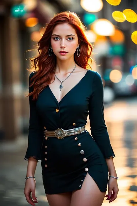 (masterpiece, best quality, highres:1.2), (photorealistic:1.4), (film grain:1.4), (morbid light:1.2), (dynamic angle), raw photo, , (beautiful young woman), (tall, slender, athletic),(wavy, fiery red hair),(waist-length hair),(piercing green eyes),(button nose),(captivating smile),( tight black dress),(silver necklace),(silver earrings),(makeup),,full body portrait, (sharp), exposure blend, bokeh, dim light, (hdr:1.4), high contrast, (muted colors, dim colors, soothing tones:1.3), low saturation, morbid,