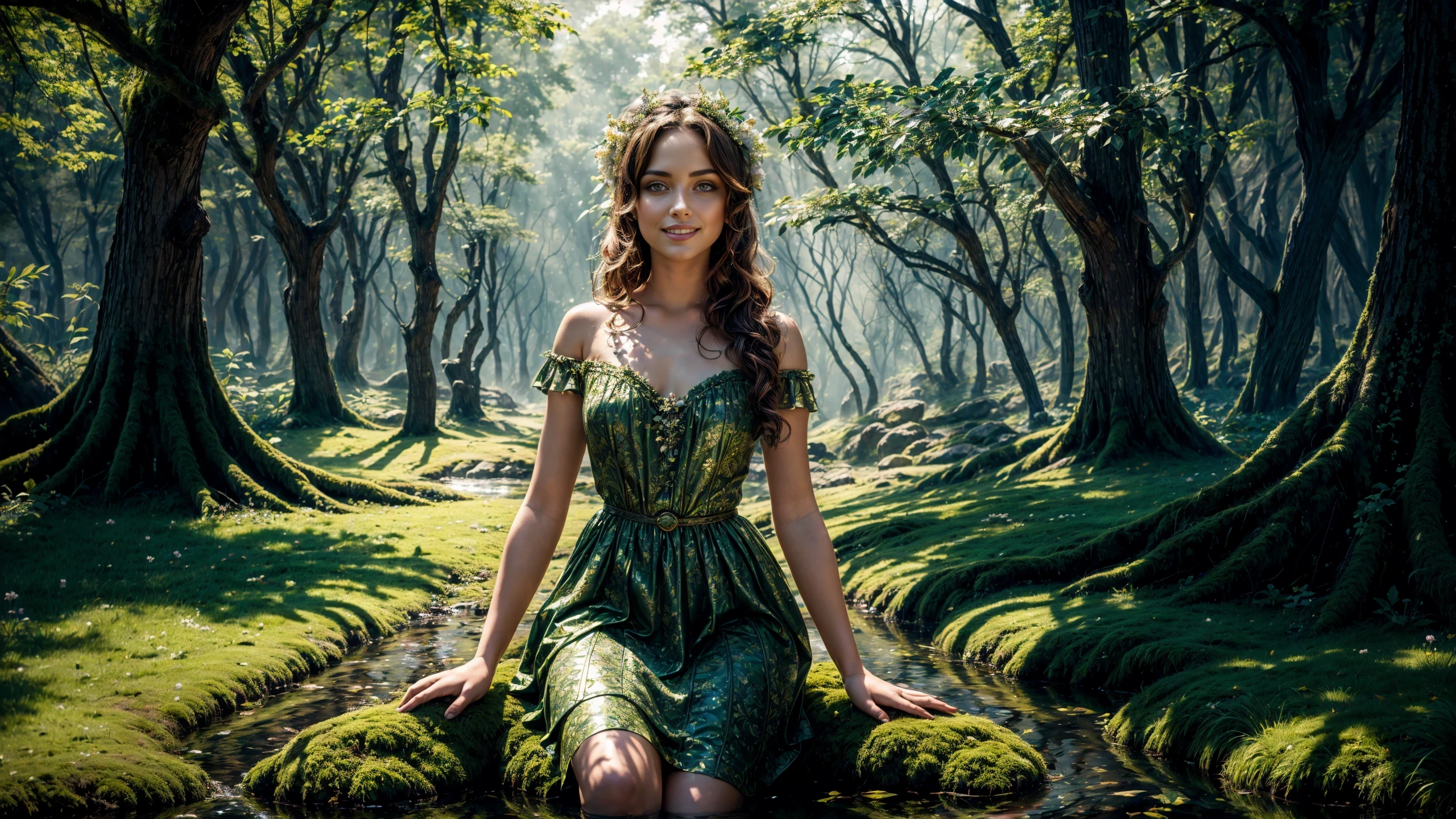 (dryad), green lips, leaves flowers dress miniskirt, pretty beautiful, adorable, young, happy smiling, (extremely detailed) and intricate, 8k, sharp focus, forest, tree, (big rock),moss, (old trunk), small (pond:0.5) with crystalline clear water, ripples, reflections, raytracing, Saffron flowers, crispy colors, high contrast, hdr, ethereal lights, shadows, <lora:Detail Tweaker LoRA add_detail:1><lora:depth_of_field_slider_v1:5> <lora:SDXLrender_v2.0:0.9> <lora:dryad:0.4> <lora:Celtic_20240307115511:0.3>