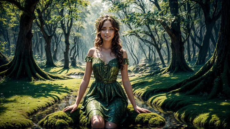 (dryad), green lips, leaves flowers dress miniskirt, pretty beautiful, adorable, young, happy smiling, (extremely detailed) and intricate, 8k, sharp focus, forest, tree, (big rock),moss, (old trunk), small (pond:0.5) with crystalline clear water, ripples, reflections, raytracing,  Saffron flowers, crispy colors, high contrast, hdr, ethereal lights, shadows, <lora:Detail Tweaker LoRA add_detail:1><lora:depth_of_field_slider_v1:5>  <lora:SDXLrender_v2.0:0.9> <lora:dryad:0.4> <lora:Celtic_20240307115511:0.3>