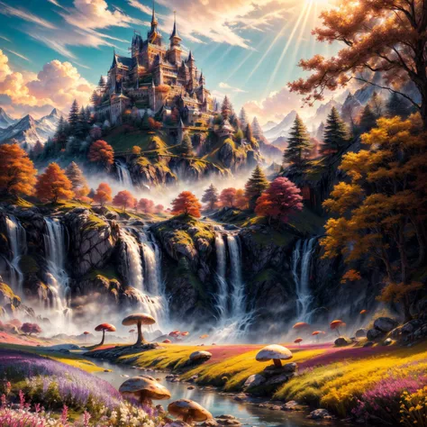 masterpiece, best quality, very aesthetic, absurdres, highly detailed, intricate designs, landscape, dragon, leaf, sky castle, ancient, colourful flower field, giant drug mushroom, floating waterfall, vibrant, clear, smiling waving bear,  Style-GHL
<lora:more_details:1>
<lora:knight:1>
<lora:popular:1>